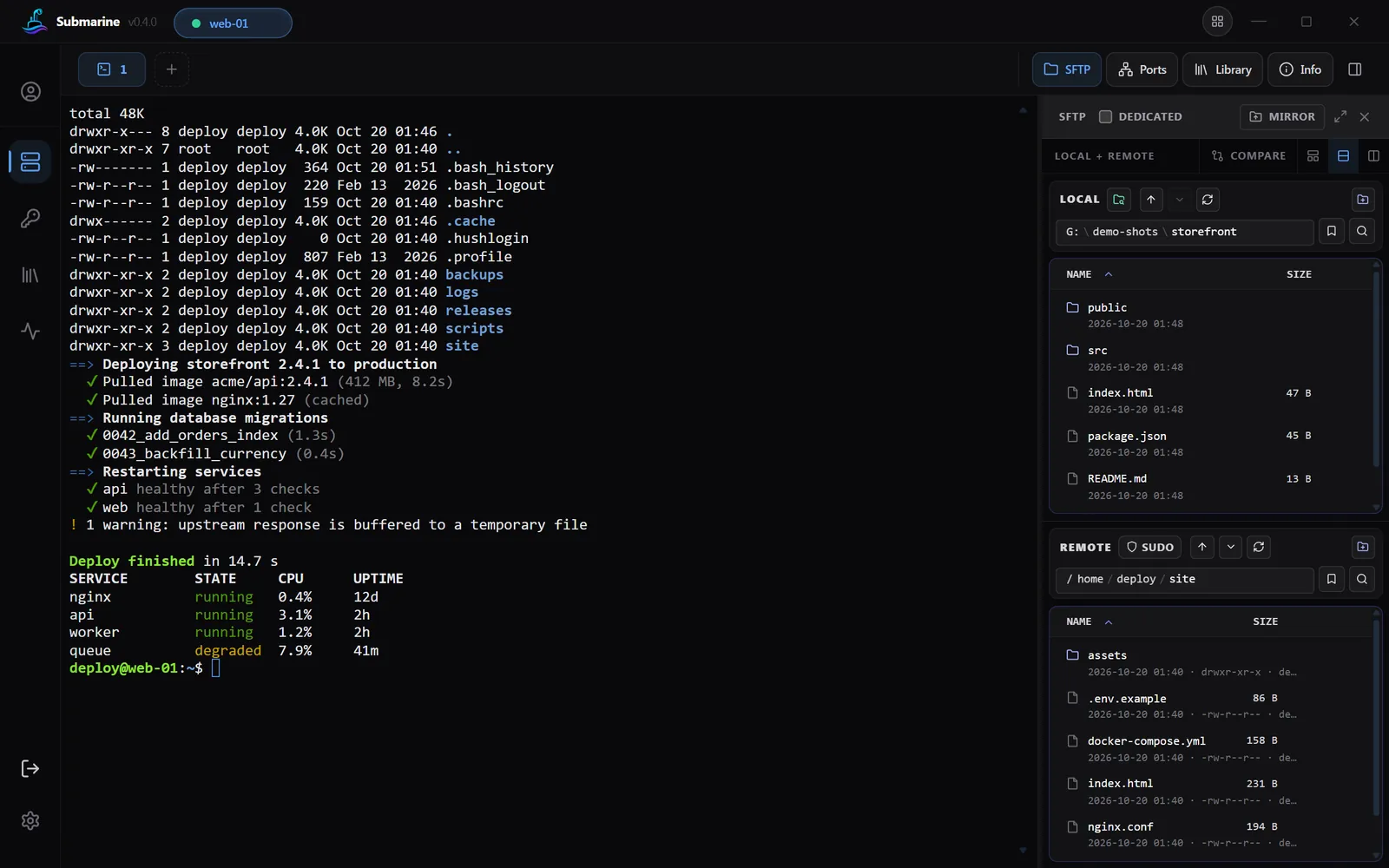 Submarine auf einem Computer: links ein SSH-Terminal, rechts der zweispaltige Dateibrowser
