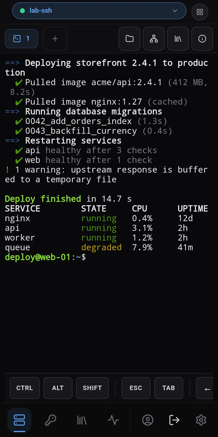 Submarine auf einem Android-Smartphone: ein SSH-Terminal mit Tastenleiste