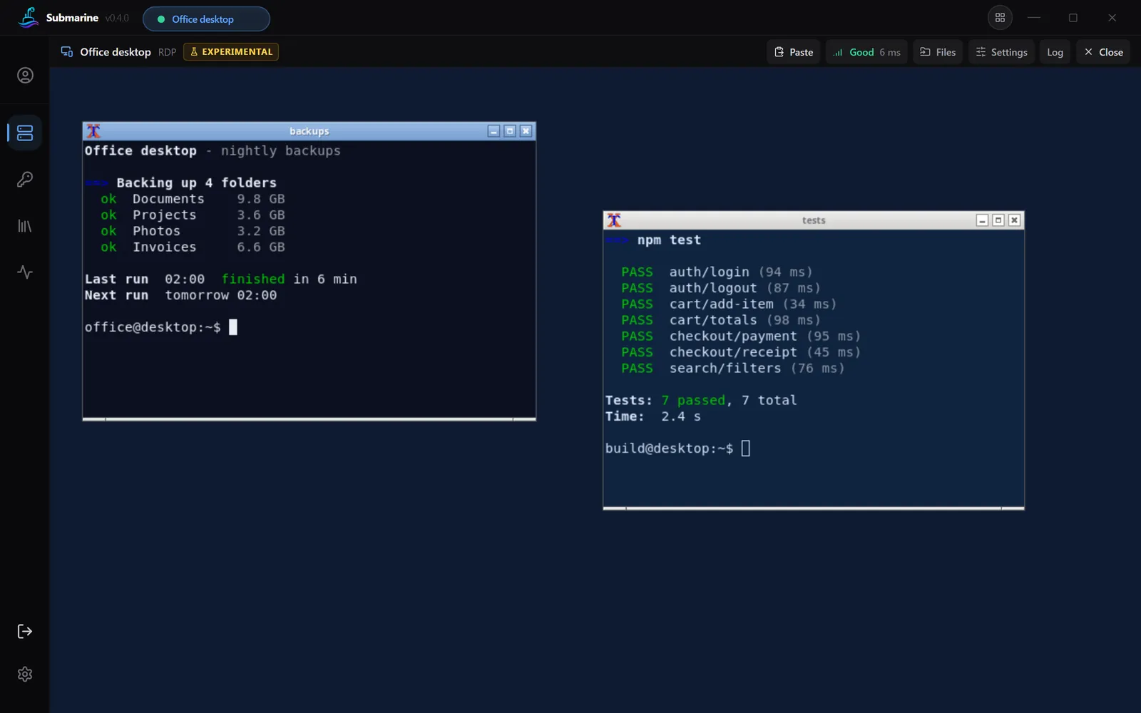 Ein Remote-Desktop über RDP in einem Submarine-Tab, mit Paste, der Verbindungsanzeige (Good, 6 ms), Files und Settings in seiner Leiste