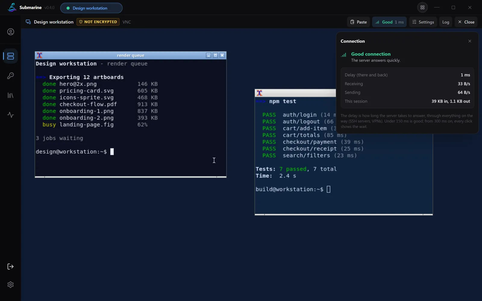 Ein VNC-Desktop in einem Submarine-Tab, als unverschlüsselt gekennzeichnet